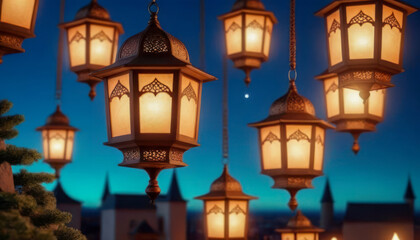 Fototapeta na wymiar Ramadan Kareem, Lantern, Postcard: Illuminated lantern at dusk during Ramadan signifies tradition.