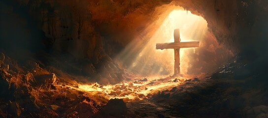 Majestic cross illuminated by sunlight in a rocky cave. a symbol of hope and faith. spiritual christian image. AI - obrazy, fototapety, plakaty