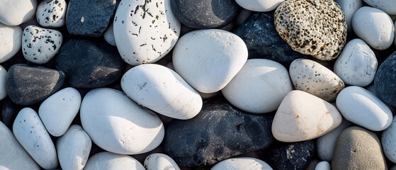 A diverse array of black and white pebbles bathed in natural sunlight