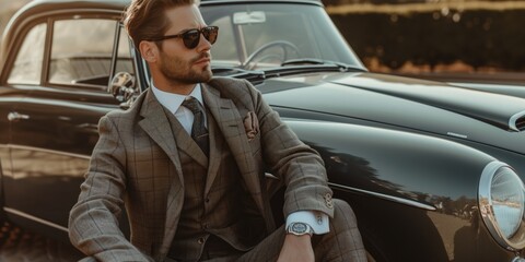 Stylish Man Rocks Suit And Shades While Chilling Next To Vintage Wheels. Сoncept Rustic Wedding, Romantic Sunset Shoot, Nature-Inspired Maternity Session, Urban Street Style