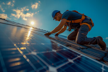 Professional technician installing solar panels on a roof on a bright and sunny day - obrazy, fototapety, plakaty