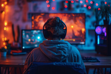 Young man playing video game on computer - obrazy, fototapety, plakaty