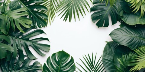 Tropical Foliage Stands Out On Clean, White Backdrop Vibrant Sight. Сoncept Nature-Inspired Portraits, Serene And Simple, Bold And Beautiful, Exotic Greenery, Captivating Contrast