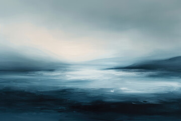 A serene, yet powerful abstract expressionist artwork, using soft, flowing brushstrokes to depict a tranquil seascape
