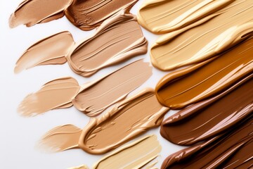 Various Shades Of Liquid Foundation Samples On White Background, Top View. Сoncept Makeup Swatches, Foundation Shade Samples, Top View Photography, Beauty Products, White Background