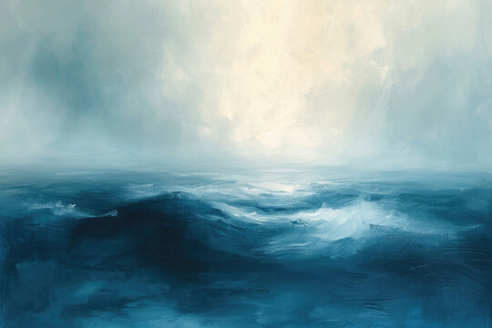 A serene, yet powerful abstract expressionist artwork, using soft, flowing brushstrokes to depict a tranquil seascape