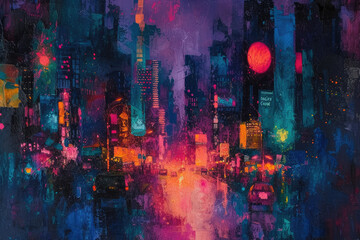 Abstract expressionist interpretation of a cityscape at night, with abstract forms and neon-like streaks of color creating a lively scene - obrazy, fototapety, plakaty