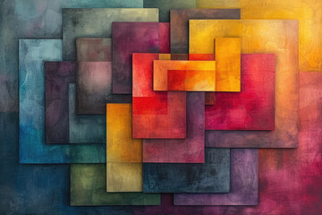 Abstract composition of layered rectangles and squares, using a gradient of warm to cool hues to depict depth and texture