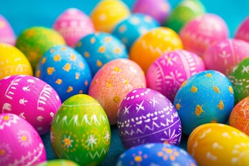 Fototapeta na wymiar Vibrant Easter Eggs Background, Perfect For Celebrating The Easter Season. Сoncept Spring Blooms, Sun-Kissed Portraits, Fresh Air Fun, Nature-Inspired Backdrops