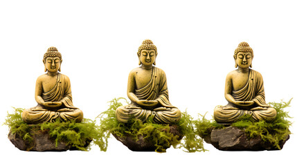 set of golden buddha statue on green moss isolated on white background png