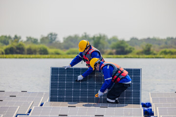 Technicians check floating solar farm wiring, polarity, and grounding for reliability and safety