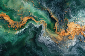 An abstract aerial view of a river flowing through a landscape, interpreted with fluid lines and a harmonious blend of natural colors