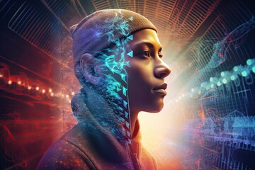 Man DNA genetic of human on virtual interface, communication with ai concept