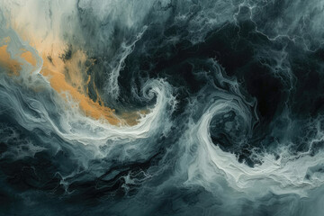 An abstract expressionist artwork depicting the chaos and beauty of a storm, using swirling patterns and a moody color palette