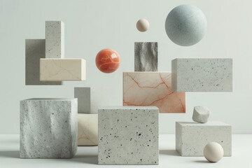 An array of 3D geometric shapes floating on a neutral background, creating a sense of space and modernity