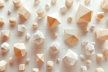 An array of 3D geometric shapes floating on a neutral background, creating a sense of space and modernity