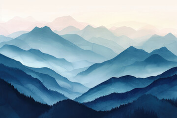 Artistic representation of a mountain range, using abstract geometric shapes and a cool color palette, reflecting nature's majesty