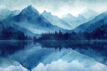 Artistic representation of a mountain range, using abstract geometric shapes and a cool color...