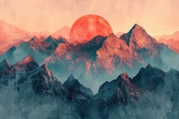 Artistic representation of a mountain range, using abstract geometric shapes and a cool color palette, reflecting nature's majesty - Powered by Adobe