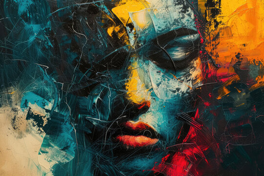 An abstract expressionist portrait of human emotion, with abstract shapes and colors blending to convey a complex inner world