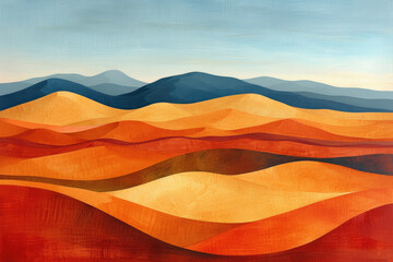 Interpretation of a desert scene in an abstract style, with warm hues and undulating forms suggesting sand dunes and vast open spaces