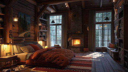 Rustic Retreat: Nighttime in a Modern Cabin Bedroom with Fireplace