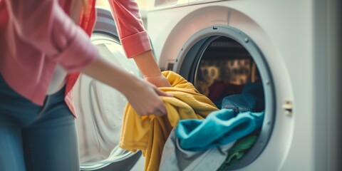 Woman Removing Clean Clothes From Washing Machine In Her Home. Сoncept Laundry Day, Home Chores, Clean Clothes, Household Tasks