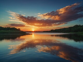 Fototapeta na wymiar Panorama of Beautiful Country Sunset on Lake with Faraway Forest