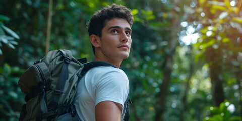 Young Man With Backpack Poses Confidently Amidst Lush Forest Backdrop. Сoncept Adventure Photography, Nature Wanderer, Backpacking Adventures, Confident Traveler, Forest Portraits