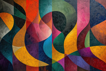 Fototapeta premium A fluid and organic interpretation of geometric patterns, blending sharp lines with curved forms in a vibrant, abstract painting
