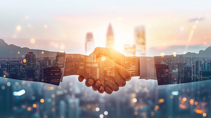Double exposure image of business people handshake on city office building in background showing partnership success of business deal. Concept of corporate teamwork, trust partner and work agreement. - obrazy, fototapety, plakaty