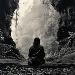 Cross legged man meditating at the entrance of a cave, facing a jungle
