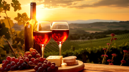Two glasses of wine on a wooden table, romantic dinner at sunset overlooking the vineyard.