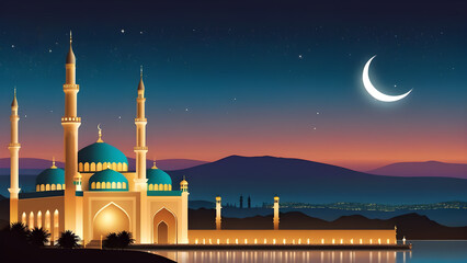 islamic flyer crescent moon and mosque realistic