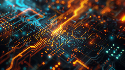 Obraz premium Neon Networks: A Vibrantly Illuminated Abstract Circuit Board Design