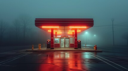 gas station on a foggy evening