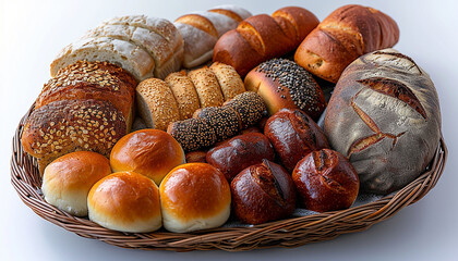 Basket full of different types of breads isolated on a white background