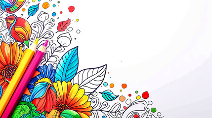 A drawing of flowers and leaves with colored pencils on a white background, copy space