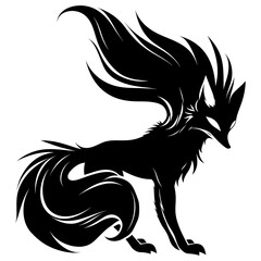 Silhouette Nine Tailed Fox black color only full body body - obrazy, fototapety, plakaty