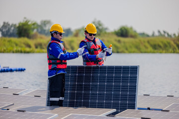 Technicians check floating solar farm wiring, polarity, and grounding for reliability and safety