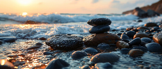 Pebbles stacked in a pyramid formation on a beach, with gentle waves and a golden sunset