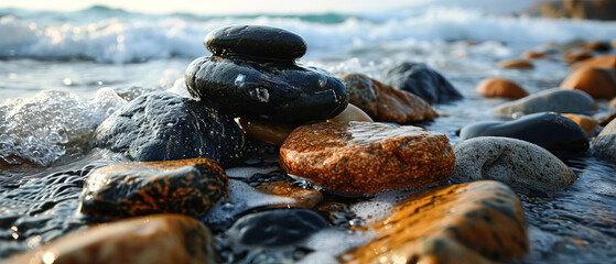 Pebbles stacked in a pyramid formation on a beach, with gentle waves and a golden sunset