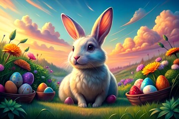 Fototapeta na wymiar Little ester rabbit in the meadow and valentine's heart festival
