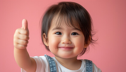 Asian toddler giving a thumbs up against a pink background, radiating positivity and cute gestures