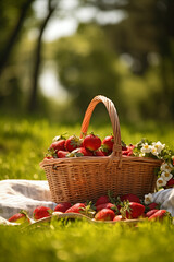 Summer picnic in park. Basket of fruits on grass. Pie, apples, strawberries. Summertime