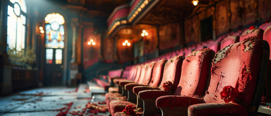 Decayed and tattered pink seats in an abandoned theater bask in the nostalgia of past grandeur - obrazy, fototapety, plakaty
