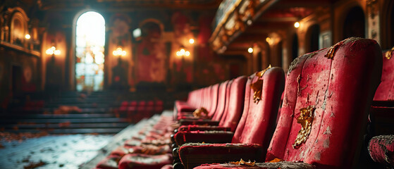 Decayed and tattered pink seats in an abandoned theater bask in the nostalgia of past grandeur