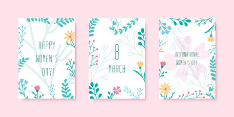 Fototapeta na wymiar March 8 greeting card set with flowers hand drawn elements. International Women's Day floral backgrounds collection.
