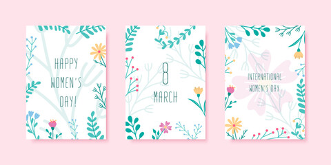 March 8 greeting card set with flowers hand drawn elements. International Women's Day floral backgrounds collection.