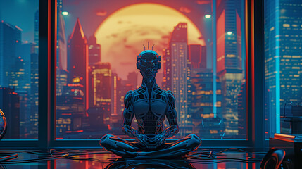 Cross-legged meditating android  - obrazy, fototapety, plakaty